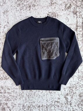 Fendi Men’s 100% Wool Navy Crewneck Sweater with Monogram Zip Pocket